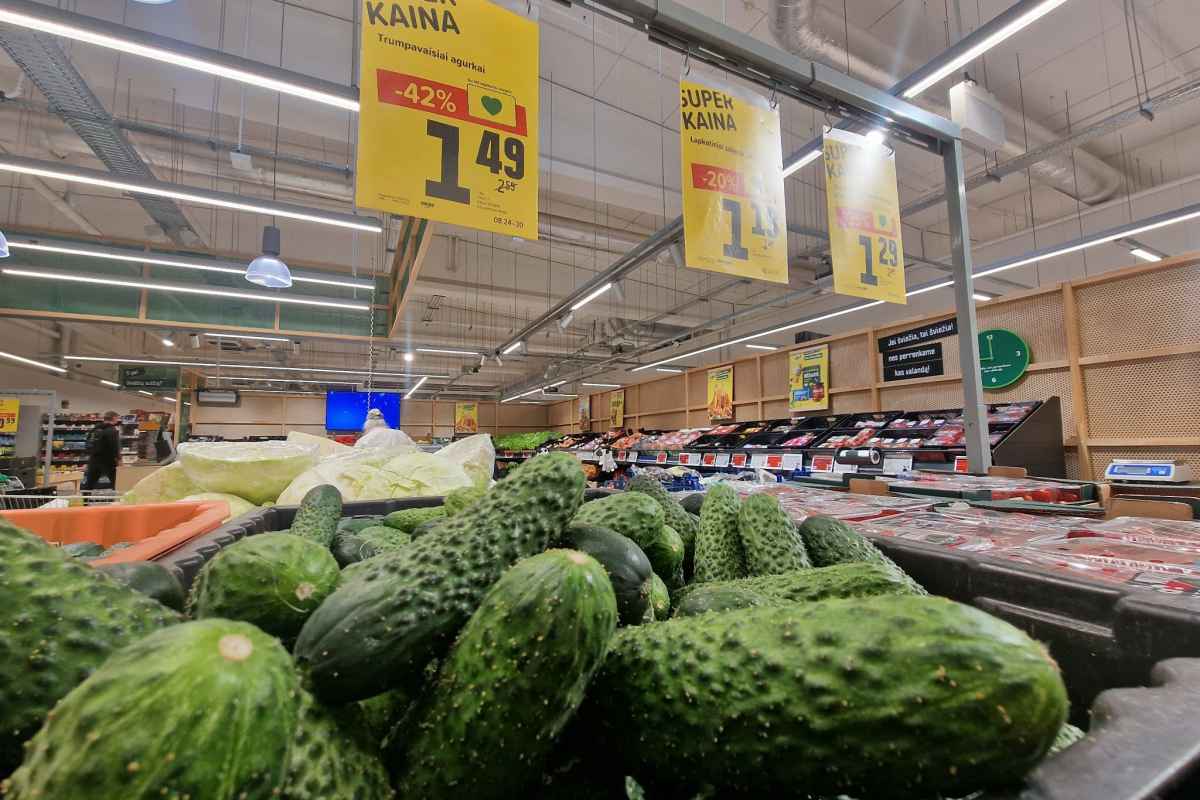 Prekybos centre išdėstyti žali agurkai su kainomis virš jų