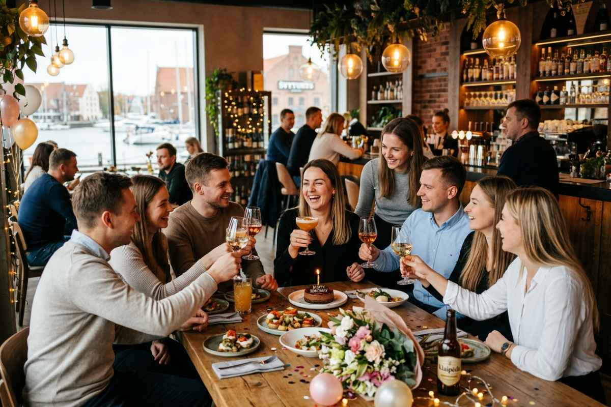 Kelios jaunos moterys ir vyrai šypsosi ir pila vyną susėdę prie stalo restorane.
